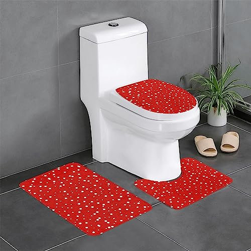 OdDdot Badteppich-Set, 3-teilig, wasserabsorbierende und rutschfeste Badematten, perfekt für Badezimmer, Rot und Weiß mit Punkten