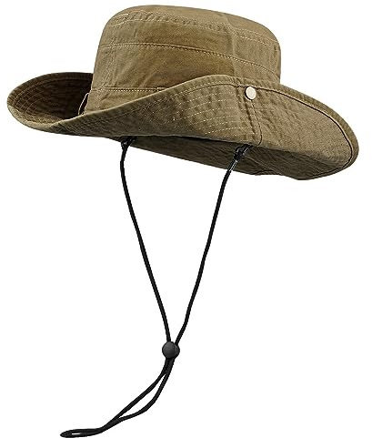 CLAPE Unisex Baumwolle Buschhut Breiter Krempe Boonie Hat Trekking Sonnenhut mit Kinnband Cowboy-Stil Fischerhut Bucket Hat Outdoor Angelhut Khaki HJY6