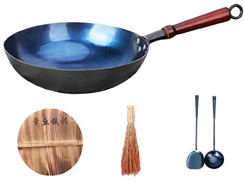 Wok e padelle,Wok in ghisa - Wok Tradizionali in Ferro martellato a Mano con Coperchio e Set di pentole, Padella Wok Cinese con Fondo Rotondo Senza Rivestimento Chimico,36 cm