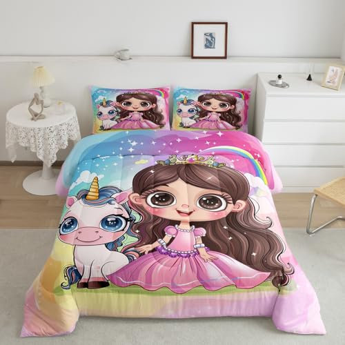Prinzessinnen-Einhorn-Bettwäsche-Set, verträumtes Tier-Märchen-Cartoon-Bettwäsche-Set für Kinderzimmer, Teenager, Schlafzimmer, Sternenhimmel, Regenbogen-Glitzer, Fantasie-Steppdecke, rosa und blau,