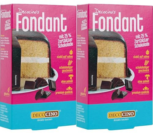 DECOCINO Fondant Schoko mit 25% Zartbitter-Schokolade ohne Palmöl, reißfest & stabil auf Sahne –ideale Backdeko zum Dekorieren von Kuchen & Torten (Packung mit 2)