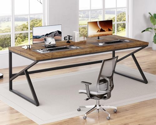HSH Large Rustic Brown Computer Desk, 200 CM Extra Long Metal Wood Desk for Home Office, Two Person Executive Writing Study Gaming Desk Table, Bedroom Living Room PC Laptop Dual Monitor Desk