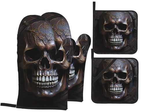 Poezjzw Copper-Colored Skull Oven Gloves Four-Piece Set is Non-Slip and Anti-Scalding Suitable for Home Baking, Barbecue and Microwave Use