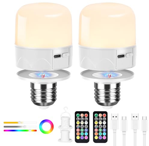 Birnetek 2 Piezas Bombillas Recargables USB-C con Mando, E27 Bombilla LED Regulable con Ajuste Táctil y función de Temporización, Luz de Emergencia con Imán, Bombilla Portátil sin Cable para Camping