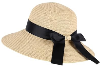 IPNSDON 1PCS Sun Straw Hat for Women with Wind Lanyard Wide Brim Foldable Beach Summer Hats Womens UV 50+ Protection Bowknot Cap Yellow