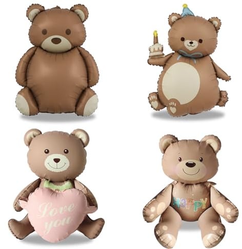 Teddybär Geburtstag Deko, 4 XXL Bär Folienballons, Party Luftballons Set | 4 Teddybär Ballons aus Folie in Braun, Beige, mit Herz- und Kuchenmotiven für Kindergeburtstag und Bär Mottoparty