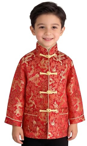 MayPal Boys Chinese New Year Dragon Tang Suit for Kids Traditional Chinese Style Long Sleeve Coat Outfit