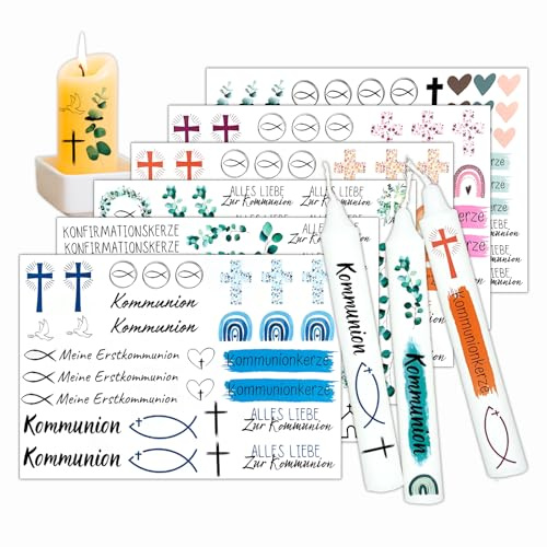 Kerzentattoos Kommunion – Kerzen Tattoo Set zur Gestaltung von Kommunionkerze & Konfirmationskerze | Aufkleber mit Wachsplatten für Kerzen Bastelset zur religiösen Feier, DIY Deko Anlass