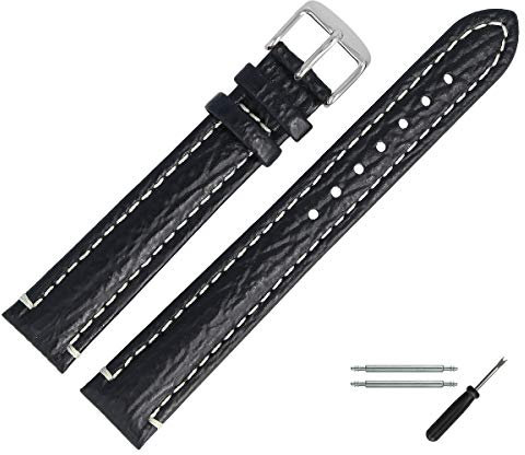 MARBURGER Uhrenarmband 20mm Leder Schwarz Silber XL Hai Prägung Mit Naht - Montage Set 6822010000120
