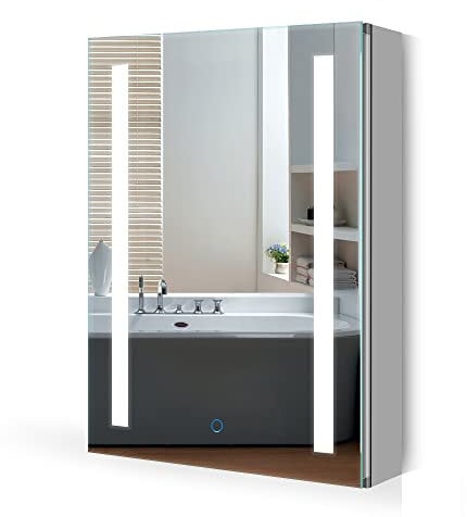 Quavikey® Bathroom Mirror Cabinet with Light and Shaver Socket LED Grey LED Medicine Cabinet Wall Mounted with Removeable Shelf and Built-in Defogger 500 x 700mm