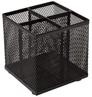 OSCO Black Wiremesh Square Pen Pot | 4 Sections | Pencil Holder | Desk Tidy | Office Organiser | Makeup Storage | Cosmetics Display | H10.5 x W10 x D10 cm |