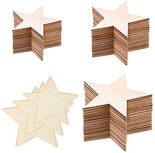 Holzsterne,Liuer 100PCS Natürliche Holz Stern Verzierungen Holzscheiben Baumscheiben Naturholzscheiben Holzsterne zum Basteln Dekorieren Stern Baumschmuck für Weihnachts Deko Tischdeko (5cm/8cm/10cm)