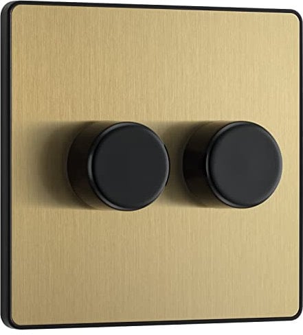 BG Electrical Intelligent Double Wall Dimmer Switch, 2 Way, Screwless Front Plate, Evolve, Satin Brass, 200W, PCDSB82B