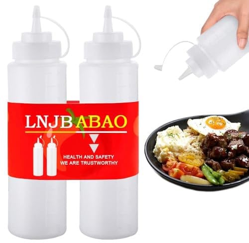 LNJBABAO 2 Pcs Sauce Bottle 8oz Squeeze Bottle Plastic Squeezy Sauce Bottles for Condiments Ketchup Syrup BBQ Sauce Mustard Salad Dressing 250mL