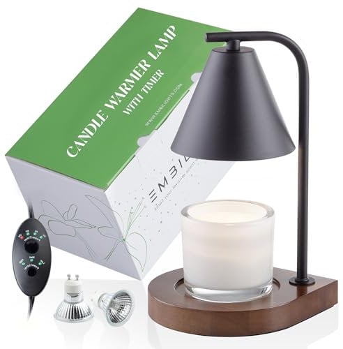Embilights Candle Warmer Lamp with Timer and Dimmer - Black Lamp Candle Warmer for Jar Candles - Wooden Base & 2 Bulbs Included - Mothers Day Gift - Tariffs Free