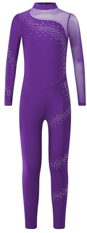 Miutii Maillot de gimnasia para niña, de manga larga, con purpurina, traje de ballet para niños, camiseta de patinaje artístico, body deportivo, mono, A Lila, 110-116