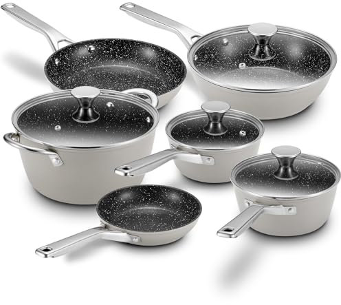 Induction Hob Pan Set, BEZIA Pots and Pans Set Nonstick 10-Piece, PFOS & PFOA Free Kitchen Cooking Set with Frying Pans, Suitable for All Stoves, Grey