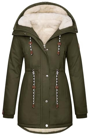 Xnova Varm mellanlång vinterkappa, parkas vindjacka i bomull, fleecejacka med huva långärmad ledig jacka med dragkedja trenchcoat anti-kall vinterjacka höst, Färg: grön, L