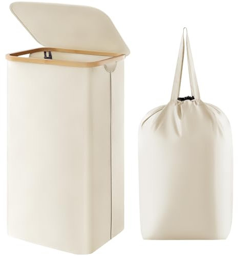 Lifewit 100L Laundry Basket with Lid, Clothes Hampers for Laundry with Bamboo Handles and A Removable Laundry Bag, Large Foldable Laundry Hamper for Bedroom, Bathroom, Dorm, Laundry Room, White