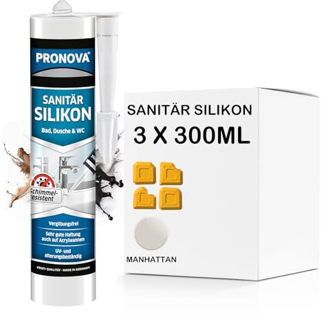 Sanitär Silikon - schimmelresistent für Dusche und Bad, lösungsmittelfrei 300ml Kartusche (3, Manhattan)