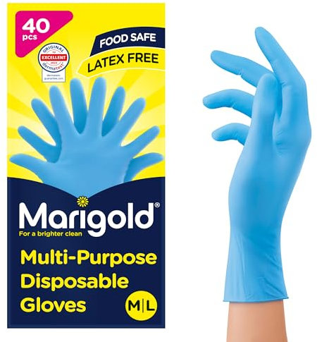 Marigold Disposable Gloves: Latex Free, Powder Free, Food Safe Multi-Purpose Disposable Gloves - Easy fit and Versatile Use for Everyday Tasks, Dermatologically Tested - Box of 40