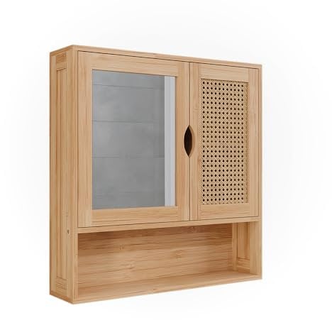 Vicco Badspiegelschrank Liora, Badezimmerspiegel, Bambus/Rattan, 56 x 58 cm mit Spiegel