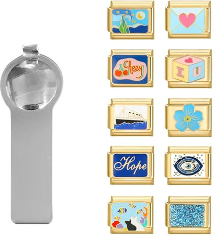 papasgix Italian Charm Bracelet Charms Set Silver Gold Italian Modular Bracelets for Women Men 11pcs Italian Charms Bulk Stainless Steel 9mm Women's Charm (Gold-Blue)