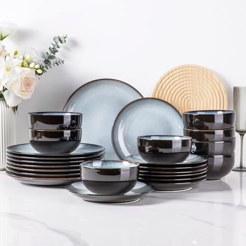LeRatio Dinner Set for 6, 18 Piece Stoneware Plates and Bowls Set, Chip & Scratch Resistant Reactive Glazed Dinnerware Set, Dishwasher & Microwave Safe Crockery Set,Ocean Blue