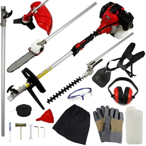 5 in 1 Cordless Garden Multi Tool Long Reach Chain Hedge Trimmer Chainsaw Brush Cutter Extension Pole Petrol 52cc 1.6kW 3HP 9000rpm