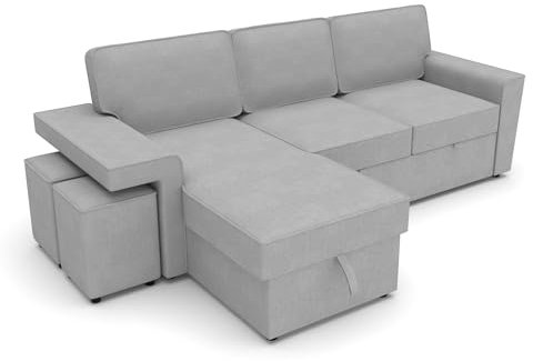 Dako Everly Reversible Corner Sofa Bed – 3-Seater with Pull-Out Sleeping Function, Storage, Hidden Pouffes & Armrest Shelf (Grey)