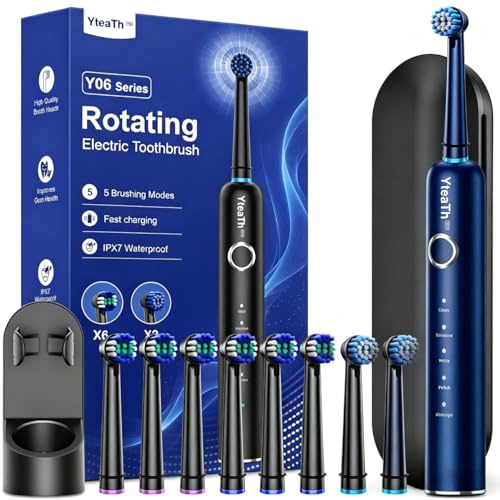 Rotierend Elektrische Zahnbürsten für Erwachsene und Kinder mit 8 Aufsteckbürste, Electric Toothbrush mit Wandhalterung Ladestation, 5 Putzmodi und Reiseetui, 60 Tage Akkulaufzeit (Black)