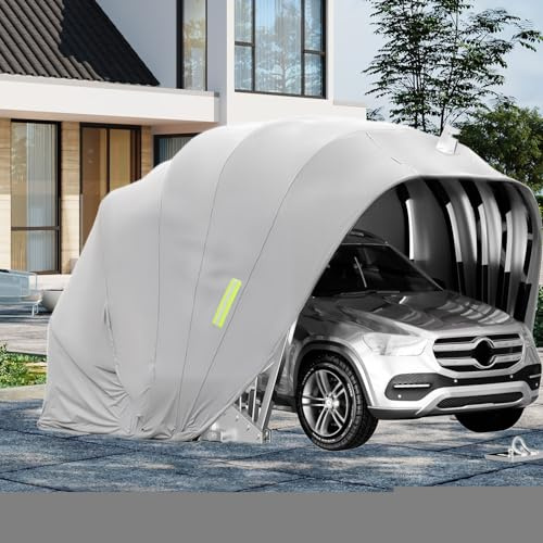 Qcesorib Garage Pliant Voiture Exterieur avec Verrouillable, Abri de Voiture Exterieur, Abri de Voiture en Acier Inoxydabl, Folding Mobile Carport, pour Camionnette, Bateau, Voiture, Gris