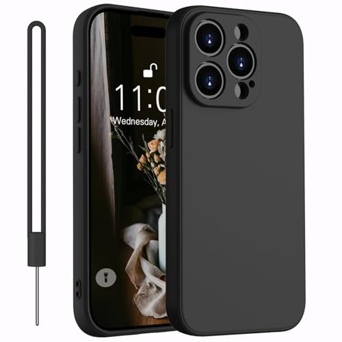 Kukiwhy für iPhone 15 Pro Max Hülle Silikon mit 1 Lanyard, Schwarz | Handyhülle für iPhone 15 Pro Max Dünn Slim mit Microfiber-Innenfutter, Upgraded Rundumschutz Kratzfest Schutzhülle