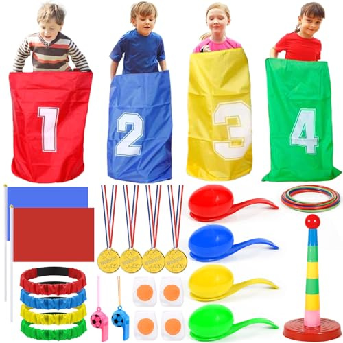 POWLYB Juegos de Carreras de Sacos, Juegos al Aire Libre, Huevo y Cuchara, Juego de Lanzamiento de Anillos, Medalla y Silbatos, Juegos para Exteriores Deportivo para Niño, Juegos de Lanzamiento
