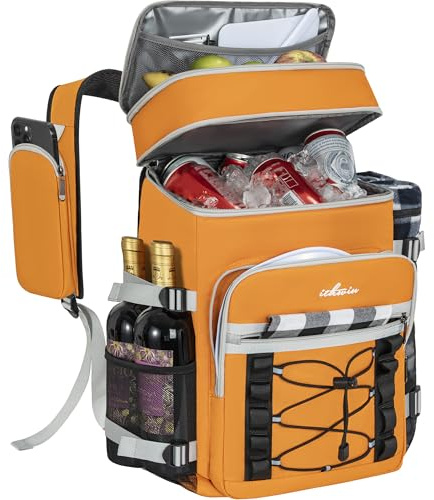 OUUTMEE Kylryggsäck, 21 l picknickväska med kylfack, isolerad kylväska för öl, dubbla lager läckagesäker termoväska, vattentät ryggsäck för picknick, strand eller vandring, orange