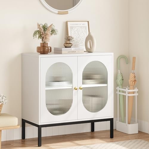 JOLLYTOP Glas Sideboard Anrichte Mit Türen Und Verstellbarem Einlegeboden, Farmhouse Boho Aufbewahrungsschrank Für Esszimmer Wohnzimmer Flur, Weiß