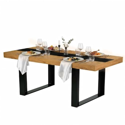 Ginhow Esstisch 160x80cm Moderner Esszimmermöbel in Eiche-Optik mit Schwarzem Feinleinen-Dekor Stabiler Küchentisch Rechteckig für 6-8 Personen Esszimmertisch Holztisch Tisch für Esszimmer Küche Büro