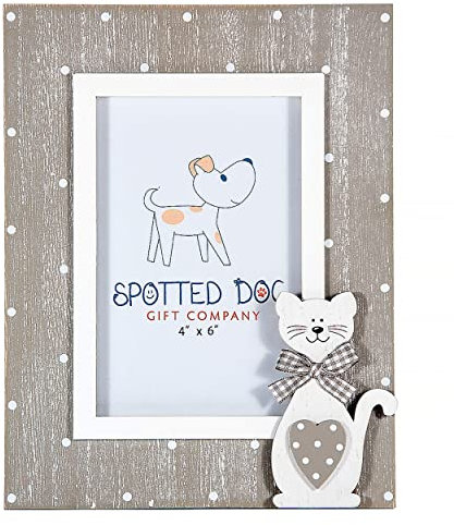 SPOTTED DOG GIFT COMPANY Marco Fotos de Madera 10 x 15cm, Portafotos de Gato para Pared y Mesa, Regalos de Decoración del Hogar para los Amantes de los Gatos, Gris con Lunares Blancos