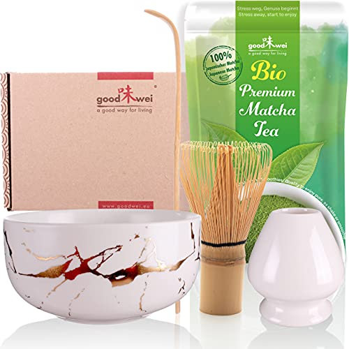 Goodwei Matcha orgánico de Japón en juego de matcha completo con moderno cuenco matcha en elegante diseño de mármol, escoba matcha y soporte para escobas | Set de regalo para ceremonia del té