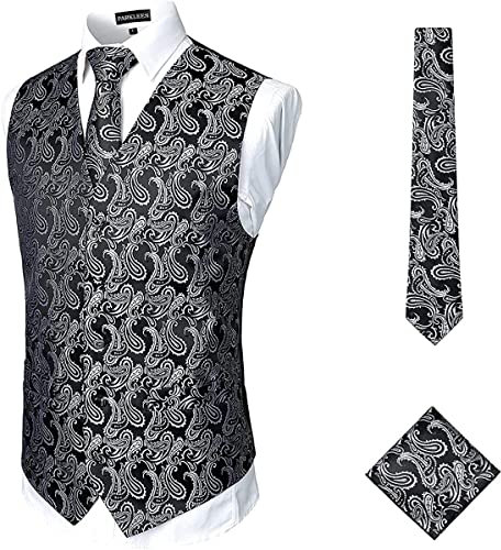 PARKLEES Klassische Herren-Weste, 3-teilig, Paisleymuster, Krawatte, Einstecktuch, Set, Hochzeit, Abschlussball, Party, Weste für Anzug oder Smoking, SV14, Schwarz und Silber, M