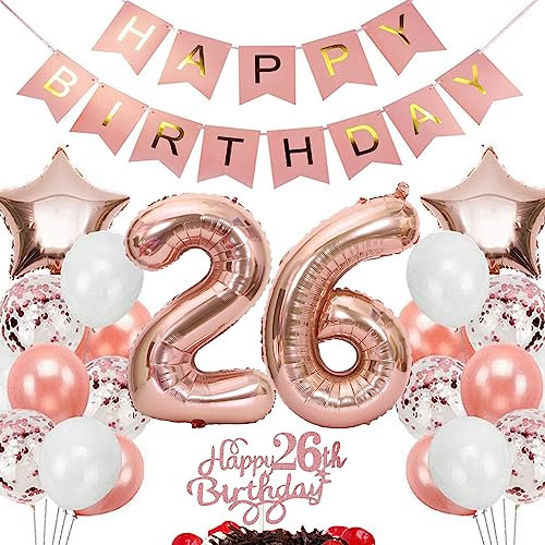 Feelairy Geburtstagsdeko 26 Jahre Frauen, Rosegold Luftballon 26. Geburtstag Deko Frau, Tortendeko Happy 26th Birthday Deko 26 Jahre Frauen, Ballon 26. Geburtstag Frau Party Dekoration Set