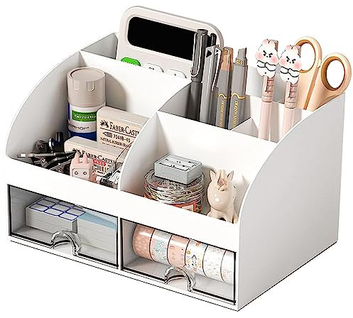 ROMINVIC Schreibtisch Organizer - Büro-Organizer mit 6 Fächern und 2 kleinen Schubladen, Desk Storage Box für Stiftehalter, Remote-Control und weitere kleine Büroartikel-Weiß