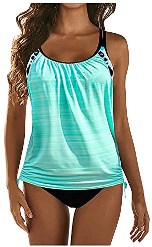 DRILEND Badeanzüge Für Damen, Tankinis Für Damen Tankini Große Größen Bauchweg Push Up Mode Damen Konservative Abdeckung Bauch Sling Tankini 2 Stück Badeanzüge Summer Aesthetic Bademode (Blau,XXL)