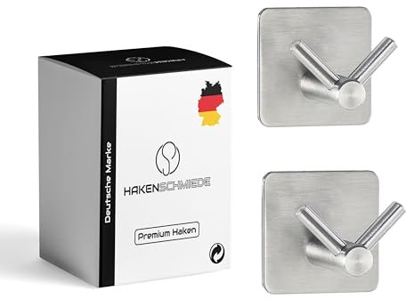 HAKENSCHMIEDE - Handtuchhalter ohne Bohren - 2er SET - Haken selbstklebend, Handtuchhaken Bad Edelstahl, stilvolle Wandhaken als extra starke Klebehaken(silber)