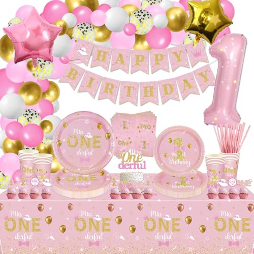 Miss Onederful 232 PCS Pink Gold Birthday Decorations - Plates, Napkins, Cups, Balloons, Banner, Cake Topper, Tablecloth for Baby Shower, 1st Birthday Girls, Serves 20