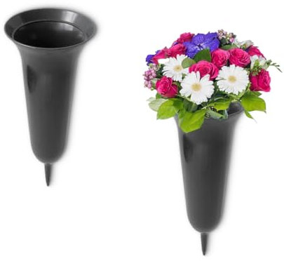 Große Grabvasen zum Stecken in grau als Grab-Deko - 2 wetterfeste Trompeten Blumen-Vasen in 11 x 26 cm als Friedhofs Dekoration - Schöne Kunststoff Steck-Vasen als robuste Friedhofs-Vasen