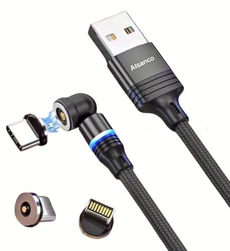 Alsanco Câble de Charge Magnétique 3 en 1, Rotation 540°, Charge Rapide, Led, Nylon Tressé Souple et Durable [1M], Compatible Apple, USB Type-C, Micro USB