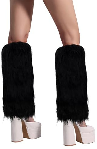 Heveer Damen Kunstpelz Beinwärmer Plüsch Beinwärmer Furry Fuzzy Beinwärmer Winter Stulpen Damen Beinwärmer Damen Leg Warmers für Damen Mädchen 25 cm Schwarz