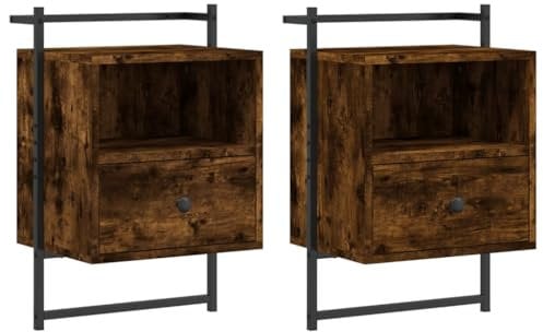 Homvdxl 2 Set Wall Ladder Cabinet, Floating Bedside Table with Drawer and Open Shelves, Metal Frame Display Storage Shelving Unit Wall Shelf Rack for Living Room Bedroom Office, Oak+Rustic