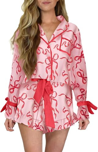 ensswliz Womens Silk Christmas Pajamas Satin 2 Piece Bow Tie Pjs Long Sleeve Button Down Knotted Pjs Shorts Set